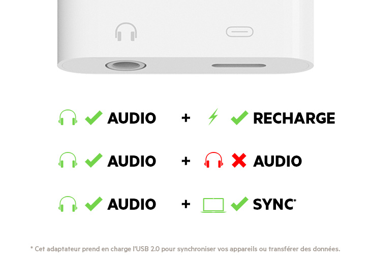 Port 3,5 mm AUX et port Lightning (femelle)